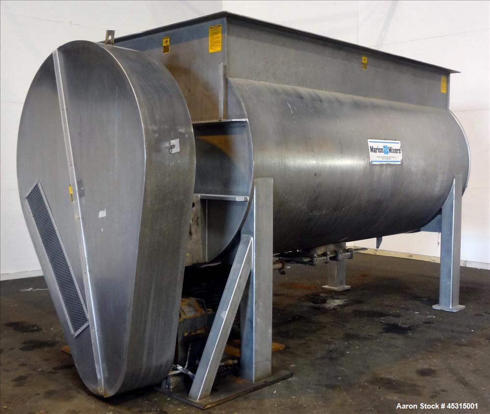 Used Marion Semi-Cylindrical Paddle Mixer, approximately 300 cubic feet working capacity, 304 stainless steel. Non-jacketed trough 55-1/2" wide at top opening to approximately 66" wide inside x 144" ...