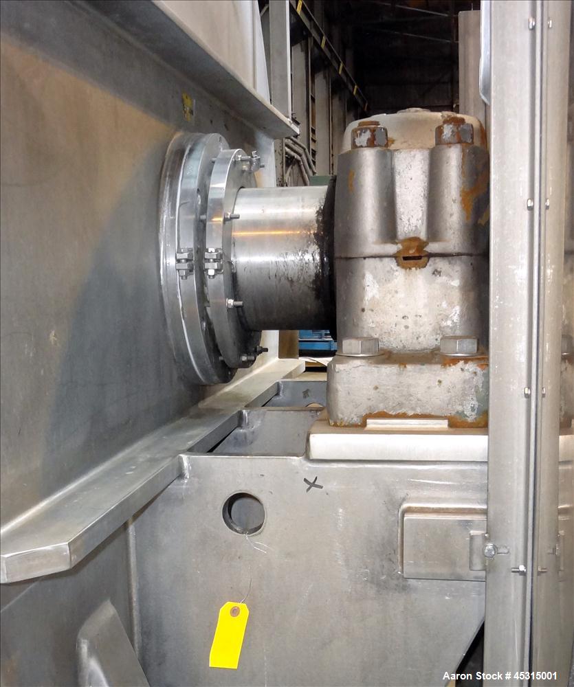 Used Marion Semi-Cylindrical Paddle Mixer, approximately 300 cubic feet working capacity, 304 stainless steel. Non-jacketed trough 55-1/2" wide at top opening to approximately 66" wide inside x 144" ...