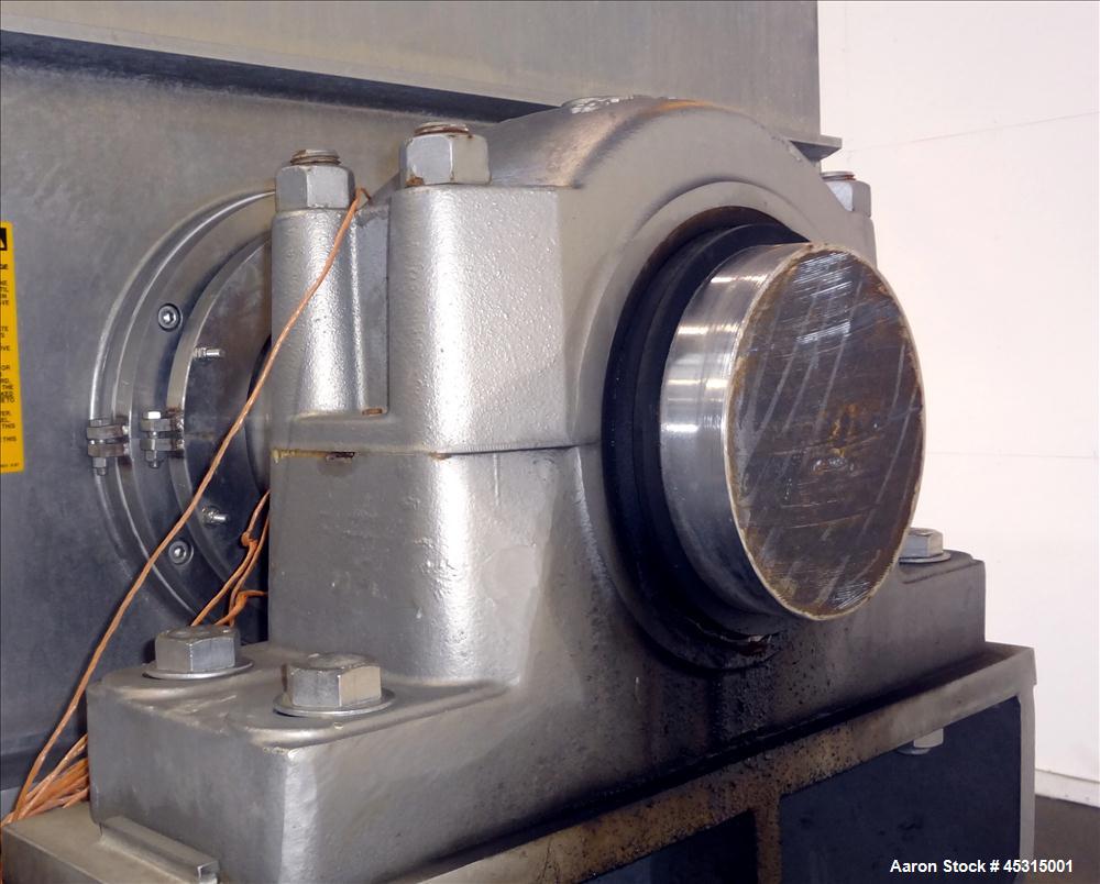 Used Marion Semi-Cylindrical Paddle Mixer, approximately 300 cubic feet working capacity, 304 stainless steel. Non-jacketed trough 55-1/2" wide at top opening to approximately 66" wide inside x 144" ...