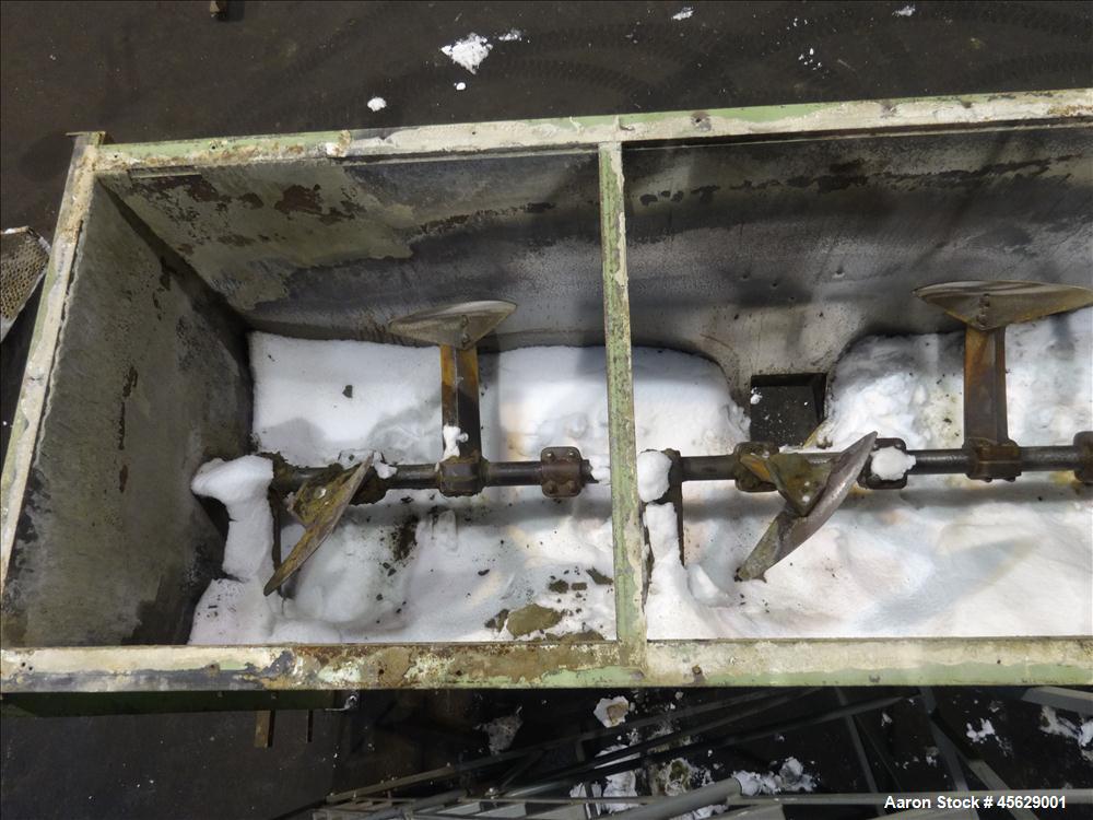 Used Marion Paddle Mixer, Approximately 200 Cubic Feet, Carbon Steel. Non-jacketed trough 144" long x 52" wide x 50" deep. 260 rpm. 4" diameter shaft with (7) 18" wide paddles driven by a 30 hp, 3/60...