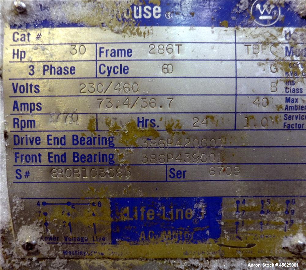 Used Marion Paddle Mixer, Approximately 200 Cubic Feet, Carbon Steel. Non-jacketed trough 144" long x 52" wide x 50" deep. 260 rpm. 4" diameter shaft with (7) 18" wide paddles driven by a 30 hp, 3/60...