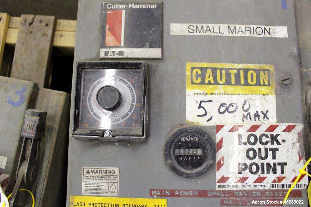 Used Marion Paddle Mixer, 304 Stainless Steel. Approximate 109 cubic feet/500 Pound Working Capacity. Non-jacketed tough approximately 73" long x 54" wide x 64" deep, 5" diameter shaft with (6) paddl...