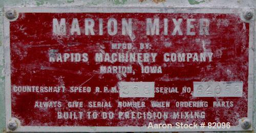USED: Marion Paddle Mixer, 18 cubic feet working capacity, carbon steel. Non-jacketed trough 27" wide x 48" long x 35" deep, 2" diameter shaft with (4) bolt-on paddles, 6" x 6" bottom outlet. 2 piece...