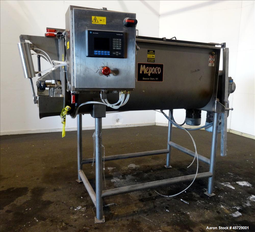 Used Mepaco Twin Shaft Paddle Mixer, Model 170, 2000 Pound Working Capacity (40 Cubic Feet), 304 Stainless Steel. Non-jacketed trough 71" long x 45" wide x 30" deep. (2) 3" Diameter shafts with 12 we...
