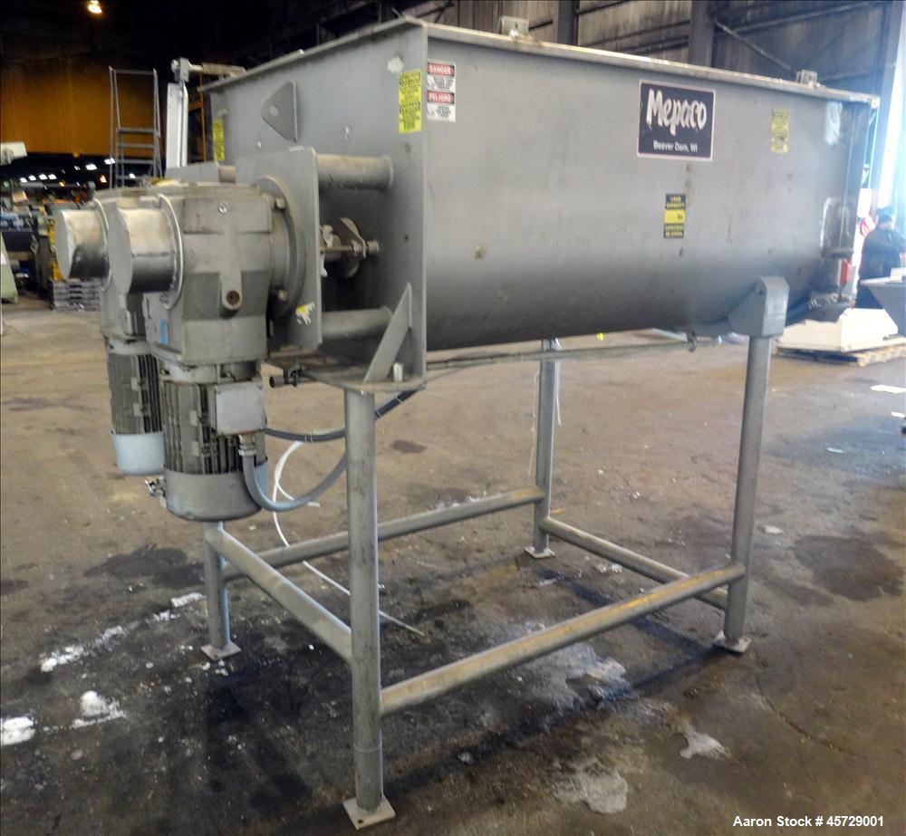 Used Mepaco Twin Shaft Paddle Mixer, Model 170, 2000 Pound Working Capacity (40 Cubic Feet), 304 Stainless Steel. Non-jacketed trough 71" long x 45" wide x 30" deep. (2) 3" Diameter shafts with 12 we...