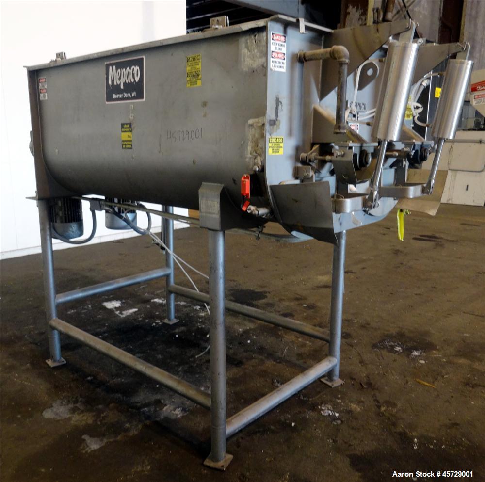 Used Mepaco Twin Shaft Paddle Mixer, Model 170, 2000 Pound Working Capacity (40 Cubic Feet), 304 Stainless Steel. Non-jacketed trough 71" long x 45" wide x 30" deep. (2) 3" Diameter shafts with 12 we...