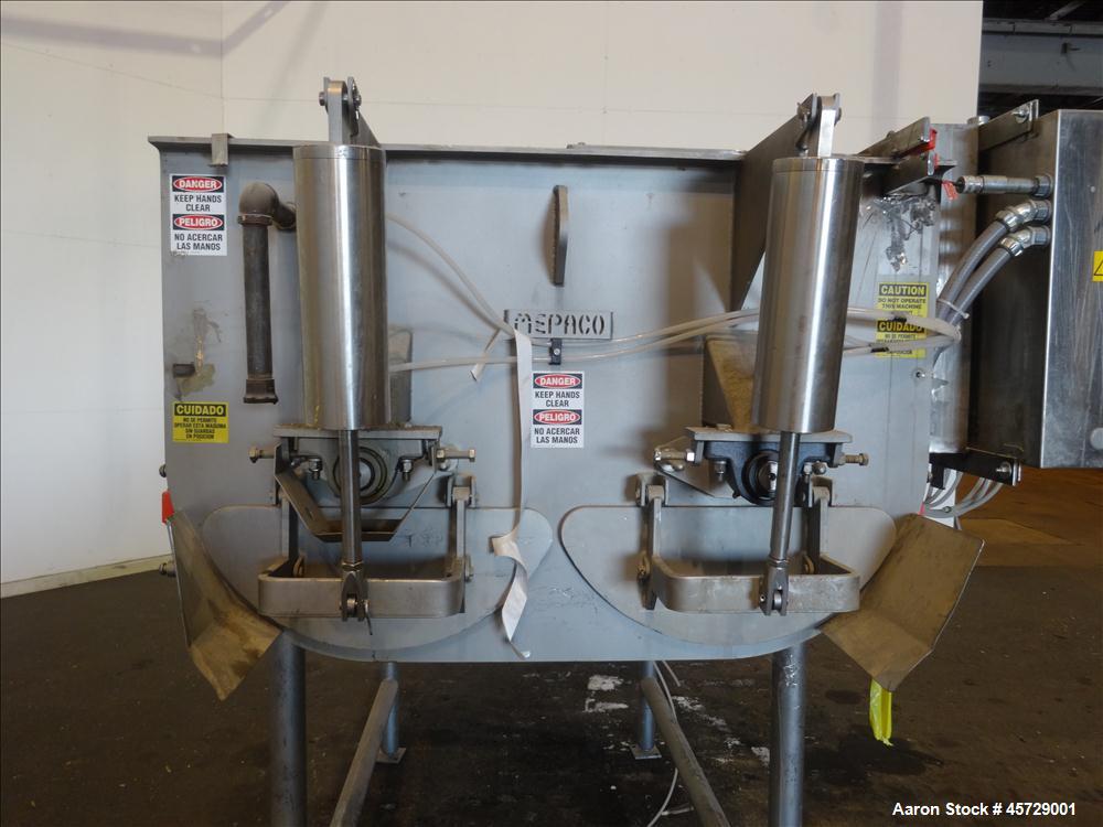 Used Mepaco Twin Shaft Paddle Mixer, Model 170, 2000 Pound Working Capacity (40 Cubic Feet), 304 Stainless Steel. Non-jacketed trough 71" long x 45" wide x 30" deep. (2) 3" Diameter shafts with 12 we...