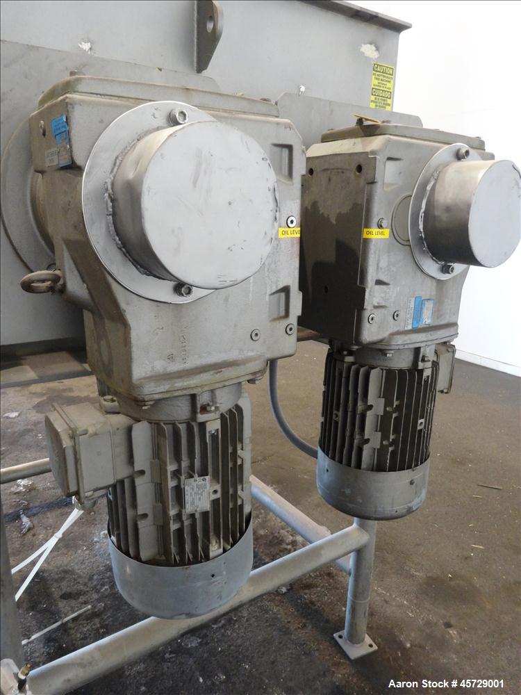 Used Mepaco Twin Shaft Paddle Mixer, Model 170, 2000 Pound Working Capacity (40 Cubic Feet), 304 Stainless Steel. Non-jacketed trough 71" long x 45" wide x 30" deep. (2) 3" Diameter shafts with 12 we...