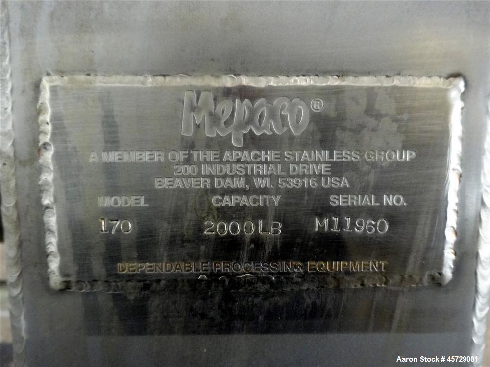 Used Mepaco Twin Shaft Paddle Mixer, Model 170, 2000 Pound Working Capacity (40 Cubic Feet), 304 Stainless Steel. Non-jacketed trough 71" long x 45" wide x 30" deep. (2) 3" Diameter shafts with 12 we...