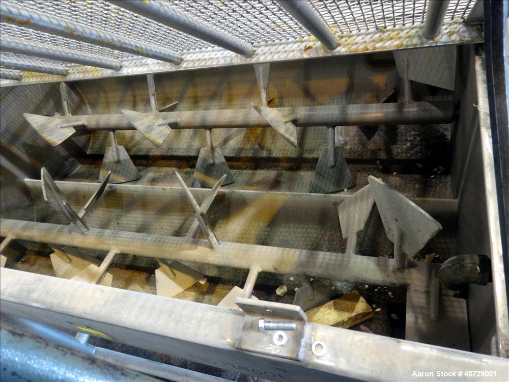 Used Mepaco Twin Shaft Paddle Mixer, Model 170, 2000 Pound Working Capacity (40 Cubic Feet), 304 Stainless Steel. Non-jacketed trough 71" long x 45" wide x 30" deep. (2) 3" Diameter shafts with 12 we...