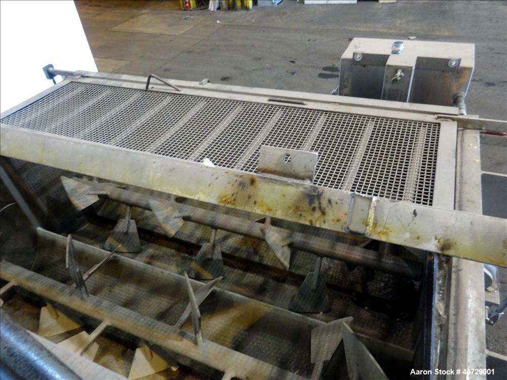 Used Mepaco Twin Shaft Paddle Mixer, Model 170, 2000 Pound Working Capacity (40 Cubic Feet), 304 Stainless Steel. Non-jacketed trough 71" long x 45" wide x 30" deep. (2) 3" Diameter shafts with 12 we...