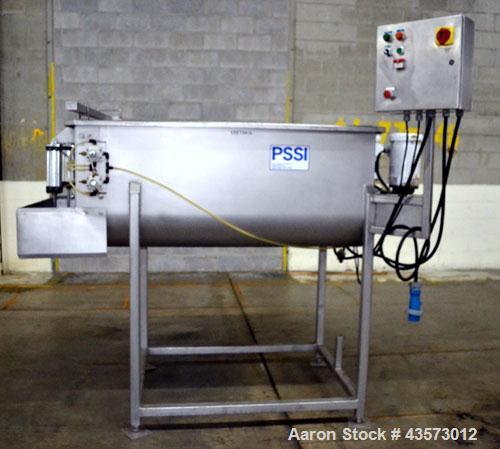 Used PSSI Twin Shaft Paddle Mixer, Approximate 33 Cubic Feet Working Capacity, 304 Stainless Steel. Non-jacketed trough 33-1/2" wide x 60" long x approximate 17-3/4" deep. Top hinged safety grate, du...