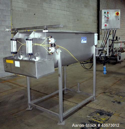 Used PSSI Twin Shaft Paddle Mixer, Approximate 33 Cubic Feet Working Capacity, 304 Stainless Steel. Non-jacketed trough 33-1/2" wide x 60" long x approximate 17-3/4" deep. Top hinged safety grate, du...