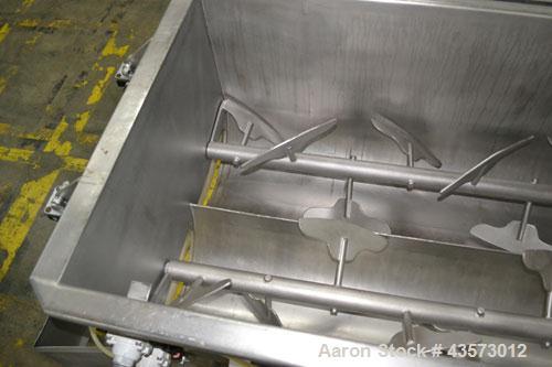 Used PSSI Twin Shaft Paddle Mixer, Approximate 33 Cubic Feet Working Capacity, 304 Stainless Steel. Non-jacketed trough 33-1/2" wide x 60" long x approximate 17-3/4" deep. Top hinged safety grate, du...