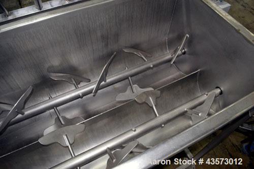 Used PSSI Twin Shaft Paddle Mixer, Approximate 33 Cubic Feet Working Capacity, 304 Stainless Steel. Non-jacketed trough 33-1/2" wide x 60" long x approximate 17-3/4" deep. Top hinged safety grate, du...