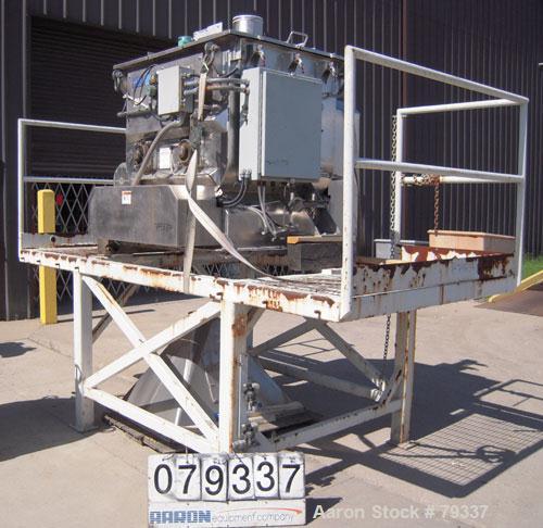 Used Phlauer Fluidized Zone Mixer, Model F-250S, 304 stainless steel, 8.8 cubic foot batch capacity. Non-jacketed trough 35.5" left to right x 43" front to back. 3" twin shaft counter-rotating, (15) ...