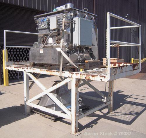 Used Phlauer Fluidized Zone Mixer, Model F-250S, 304 stainless steel, 8.8 cubic foot batch capacity. Non-jacketed trough 35.5" left to right x 43" front to back. 3" twin shaft counter-rotating, (15) ...