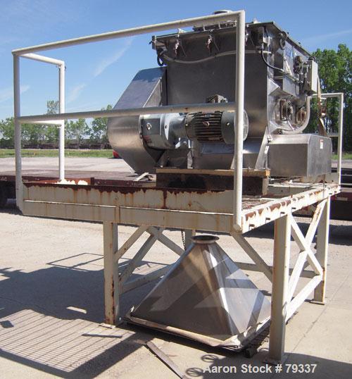 Used Phlauer Fluidized Zone Mixer, Model F-250S, 304 stainless steel, 8.8 cubic foot batch capacity. Non-jacketed trough 35.5" left to right x 43" front to back. 3" twin shaft counter-rotating, (15) ...