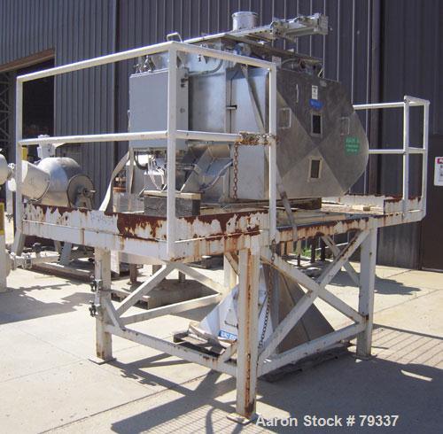 Used Phlauer Fluidized Zone Mixer, Model F-250S, 304 stainless steel, 8.8 cubic foot batch capacity. Non-jacketed trough 35.5" left to right x 43" front to back. 3" twin shaft counter-rotating, (15) ...