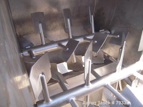 Used Phlauer Fluidized Zone Mixer, Model F-250S, 304 stainless steel, 8.8 cubic foot batch capacity. Non-jacketed trough 35.5" left to right x 43" front to back. 3" twin shaft counter-rotating, (15) ...