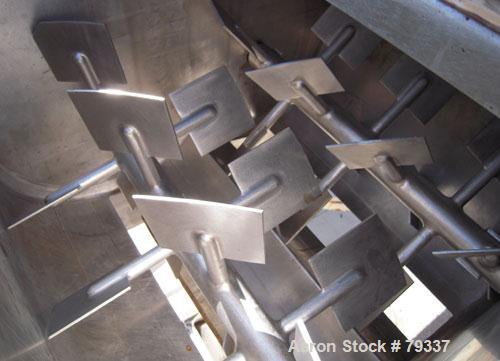 Used Phlauer Fluidized Zone Mixer, Model F-250S, 304 stainless steel, 8.8 cubic foot batch capacity. Non-jacketed trough 35.5" left to right x 43" front to back. 3" twin shaft counter-rotating, (15) ...