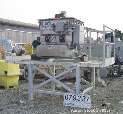 Used Phlauer Fluidized Zone Mixer, Model F-250S, 304 stainless steel, 8.8 cubic foot batch capacity. Non-jacketed trough 35.5" left to right x 43" front to back. 3" twin shaft counter-rotating, (15) ...