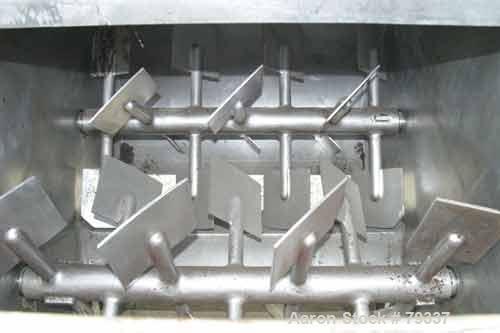 Used Phlauer Fluidized Zone Mixer, Model F-250S, 304 stainless steel, 8.8 cubic foot batch capacity. Non-jacketed trough 35.5" left to right x 43" front to back. 3" twin shaft counter-rotating, (15) ...