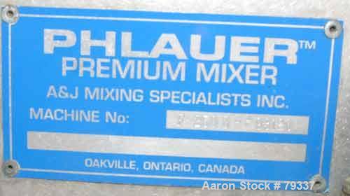 Used Phlauer Fluidized Zone Mixer, Model F-250S, 304 stainless steel, 8.8 cubic foot batch capacity. Non-jacketed trough 35.5" left to right x 43" front to back. 3" twin shaft counter-rotating, (15) ...