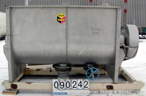 Used Scott Equipment Paddle Mixer, Model SPM4890SS, 94 cubic feet working capacity, 304 stainless steel. Non-jacketed trough 48" wide x 90" long x approximately 52" deep. 1 piece bolt-on top cover wi...