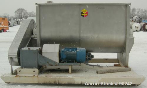 Used Scott Equipment Paddle Mixer, Model SPM4890SS, 94 cubic feet working capacity, 304 stainless steel. Non-jacketed trough 48" wide x 90" long x approximately 52" deep. 1 piece bolt-on top cover wi...