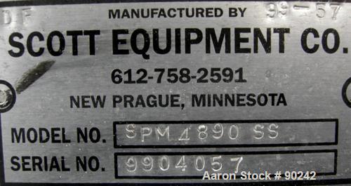Used Scott Equipment Paddle Mixer, Model SPM4890SS, 94 cubic feet working capacity, 304 stainless steel. Non-jacketed trough 48" wide x 90" long x approximately 52" deep. 1 piece bolt-on top cover wi...