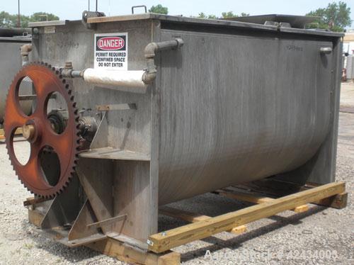 Used Scott Equipment Paddle Mixer, 100 Cubic Feet Capacity, 304 Stainless Steel. Stainless steel jacketed trough 96" long x 48" wide x approximately 54" deep. Bolt down top cover with hinged openings...