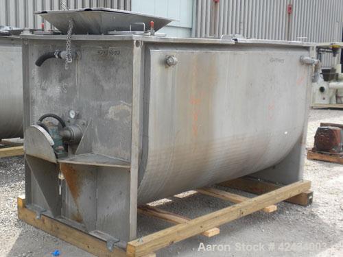 Used Scott Equipment Paddle Mixer, 100 Cubic Feet Capacity, 304 Stainless Steel. Stainless steel jacketed trough 96" long x 48" wide x approximately 54" deep. Bolt down top cover with hinged openings...