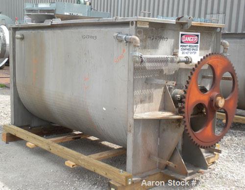 Used Scott Equipment Paddle Mixer, 100 Cubic Feet Capacity, 304 Stainless Steel. Stainless steel jacketed trough 96" long x 48" wide x approximately 54" deep. Bolt down top cover with hinged openings...