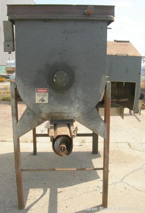 Used Weiler Paddle Mixer, Approximately 48 Cubic Foot Capacity, Carbon Steel. Trough measures 36" wide x 72" long x 50" deep.6" diameter screw discharge, 3" pitch.(4) paddle posts are 1" thickx 6" wi...