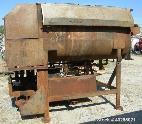 Used Twin Shaft Paddle Mixer, approximately 188 cubic feet working capacity, 316 stainless steel.Jacketed trough 66" wide x 84" long x approximately 44" deep.2 piece top cover.(2) 6" diameter carbon ...