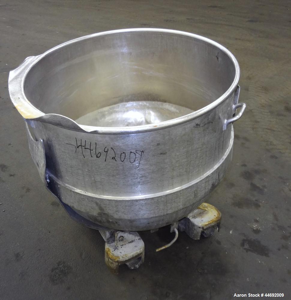 Used AMF Glen 340 Quart (85 Gallon) Mixing Bowl, 304 Stainless Steel. Approximate 33" diameter x 28" deep. Includes a bowl cart.