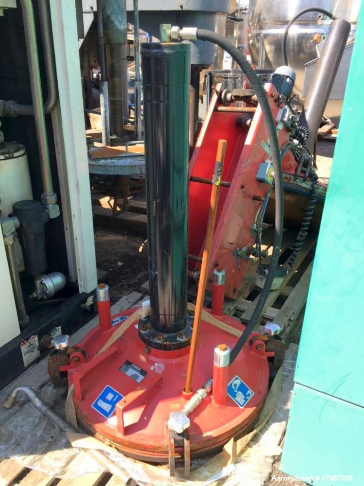 Used Buhler Removable Head Type Press-Out Unit. Designed to accept approximate 813mm diameter mixing tanks. This unit includes one(1) 32” diameter x 32” deep caster mounted stainless steel mixing tan...