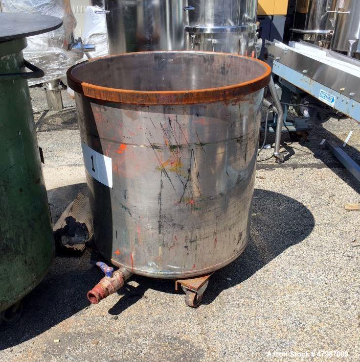 Used Buhler Removable Head Type Press-Out Unit. Designed to accept approximate 813mm diameter mixing tanks. This unit includes one(1) 32” diameter x 32” deep caster mounted stainless steel mixing tan...
