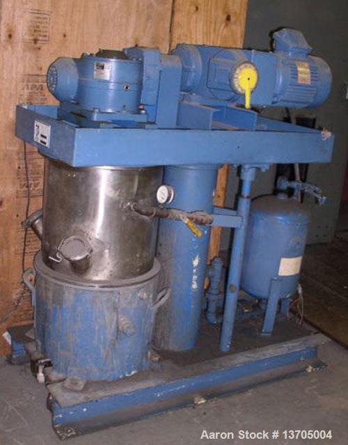Used Ross Model HDM-10 vacuum jacketed double planetary mixer. 10 gallon capacity, stainless steel construction, stainless steel jacketed mix can, driven by a 3 hp variable speed drive, air/oil hydra...