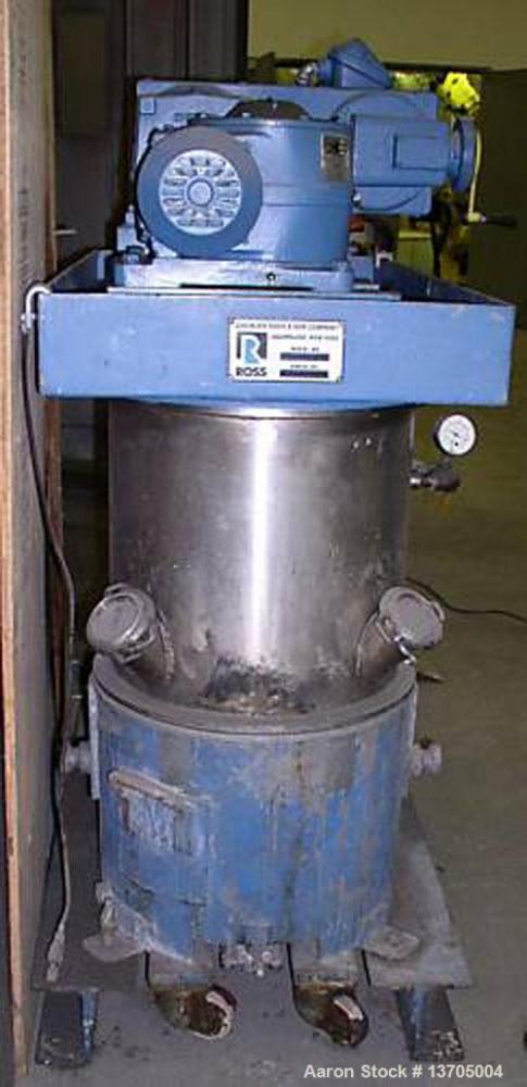 Used Ross Model HDM-10 vacuum jacketed double planetary mixer. 10 gallon capacity, stainless steel construction, stainless steel jacketed mix can, driven by a 3 hp variable speed drive, air/oil hydra...