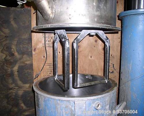 Used Ross Model HDM-10 vacuum jacketed double planetary mixer. 10 gallon capacity, stainless steel construction, stainless steel jacketed mix can, driven by a 3 hp variable speed drive, air/oil hydra...