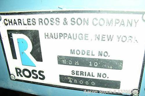 Used Ross Model HDM-10 vacuum jacketed double planetary mixer. 10 gallon capacity, stainless steel construction, stainless steel jacketed mix can, driven by a 3 hp variable speed drive, air/oil hydra...