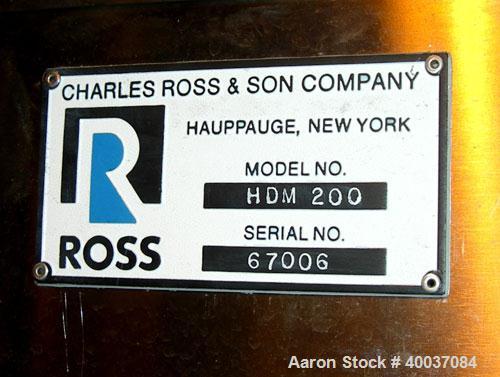 Used Ross Double Planetary Vacuum Change Can Mixer, Model HDM200, 316L stainless steel. (2) 316L stainless steel stirrers, Teflon scraper blade on bottom of one stirrer. Driven by an approximately 50...