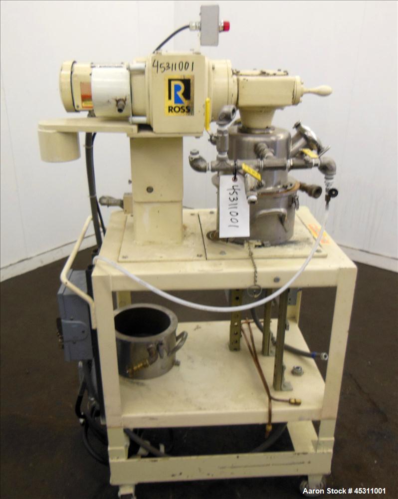 Used Ross Double Planetary Mixer, Model LDM-1, 304 Stainless Steel.  0.95 Gallon working capacity (1 gallon total). (1) 8-1/4" Diameter x 5" deep stainless steel coated jacketed mixing bowl, top tilt...