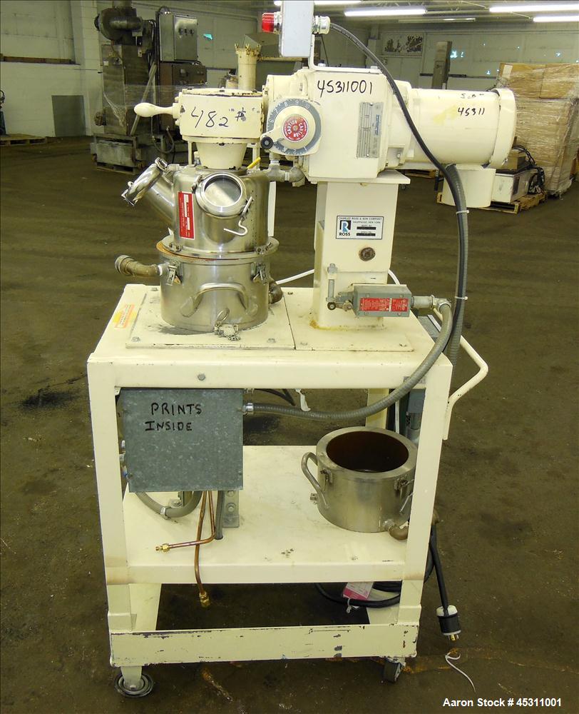 Used Ross Double Planetary Mixer, Model LDM-1, 304 Stainless Steel.  0.95 Gallon working capacity (1 gallon total). (1) 8-1/4" Diameter x 5" deep stainless steel coated jacketed mixing bowl, top tilt...