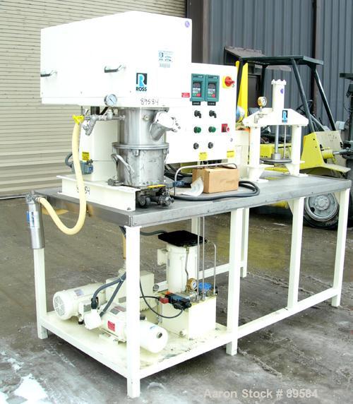 USED: Ross planetary Powermix, model PD/DS-2, 304 stainless steel. 1-1/2 gallon working capacity, 2 total. 9-5/8" diameter x 6-1/2" deep non-jacketed change can design mixing bowl, top vacuum hood wi...