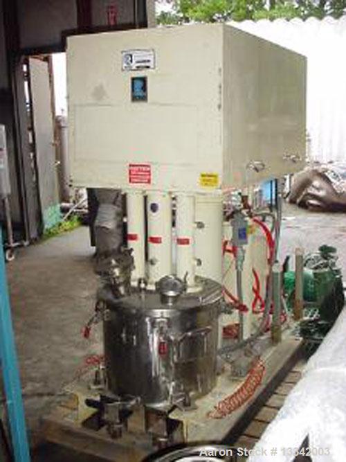 Used Ten Gallon Ross Model PVM 10 Triple Shaft Mixer. Stainless steel construction. 1.5 hp rotor/stator, 3 hp sweep, 5 hp disperser, jacketed, vacuum rated, 208-230/460V, 3 ph, 60 hz. 18" diameter x ...
