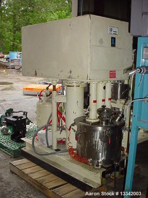 Used Ten Gallon Ross Model PVM 10 Triple Shaft Mixer. Stainless steel construction. 1.5 hp rotor/stator, 3 hp sweep, 5 hp disperser, jacketed, vacuum rated, 208-230/460V, 3 ph, 60 hz. 18" diameter x ...