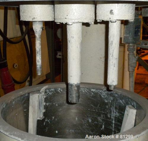 USED: Ross Versa Mix model PVM-10. 10 gallon mixing capacity, 321 stainless steel, change can design. Triple agitation, 18" diameter x 13-1/2" deep carbon steel jacketed can, off-center bottom outlet...